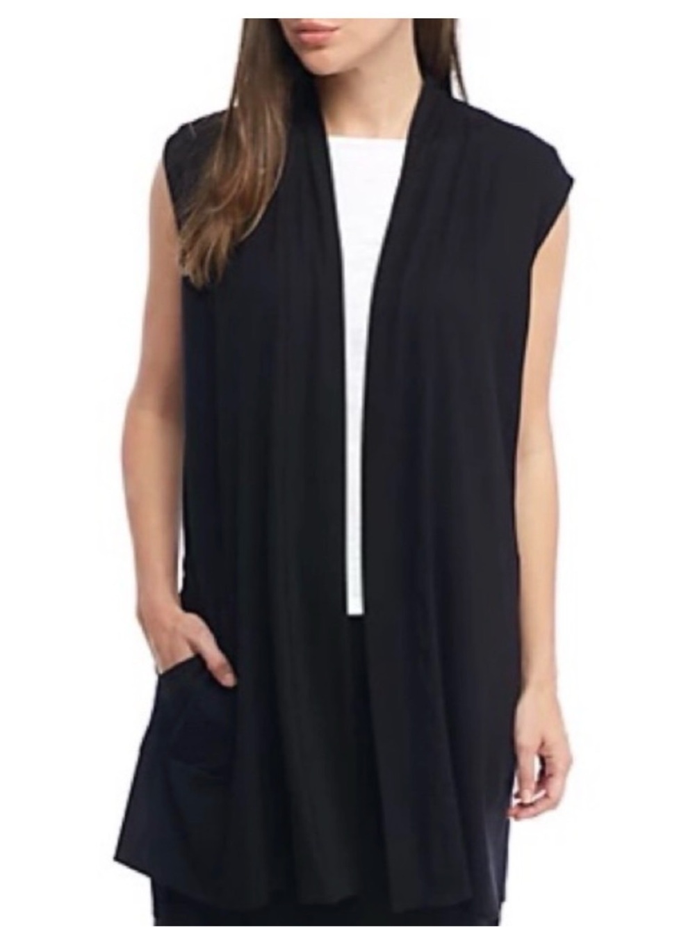 Eileen Fisher Black Viscose Jersey Long Vest Sleeveless Open Front Cardigan M